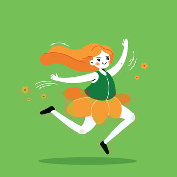 Girl wearing flower petal skirt running happily with orange hair on green background illustration vector