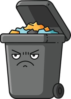 Angry gray trash bin with open lid filled with colorful garbage illustration vector