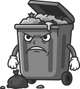 Angry garbage bin character with trash bags and open lid cartoon illustration vector