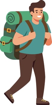 Male hiker walking with large green backpack and casual clothing illustration vector