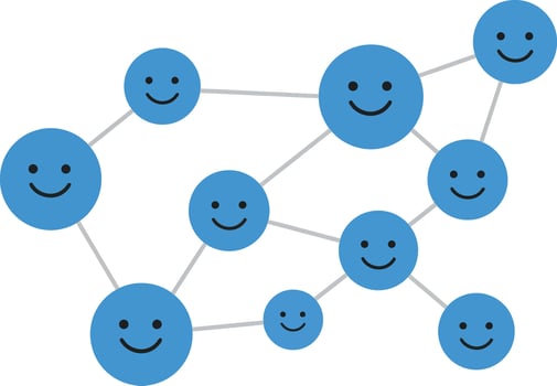 Network of blue smiling faces connected by lines representing social interaction and communication in format vector