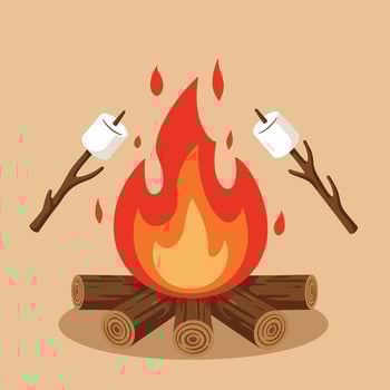 Campfire with roasted marshmallows on sticks illustration for outdoor camping and leisure activities vector