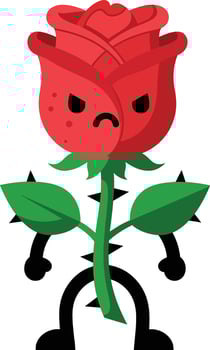 Angry red rose flower character with green leaves and black limbs illustration vector
