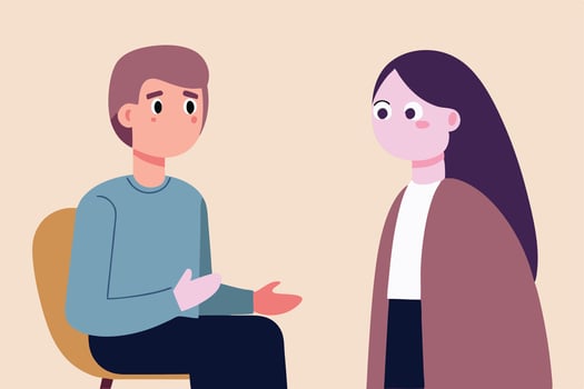 Animated man seated gestures while speaking to an animated woman with dark hair vector