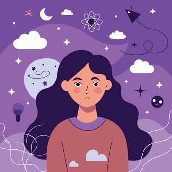 Brunette woman appears thoughtful amidst a whimsical purple space background with stars and clouds vector