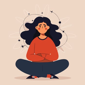 Flat illustration portrays a young woman meditating in a crosslegged seated pose vector