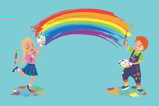 Flat Illustration of Funny Kids, Happy Little Artists Painting a Rainbow vector