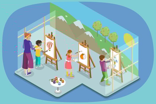 3D Isometric Flat Illustration of Painting Courses In School, Art Creation Process vector