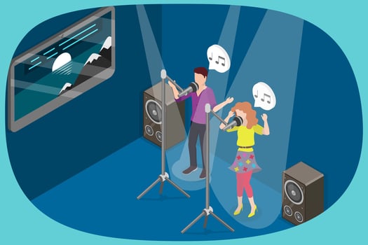 3D Isometric Flat Illustration of People at Karaoke Party, Amateur Singers vector