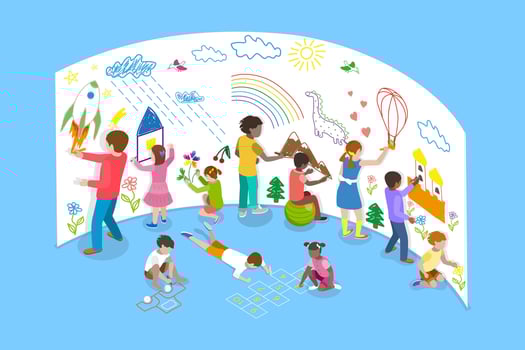 3D Isometric Flat Illustration of Happy Creative Kids, Funny Cartoon Character vector