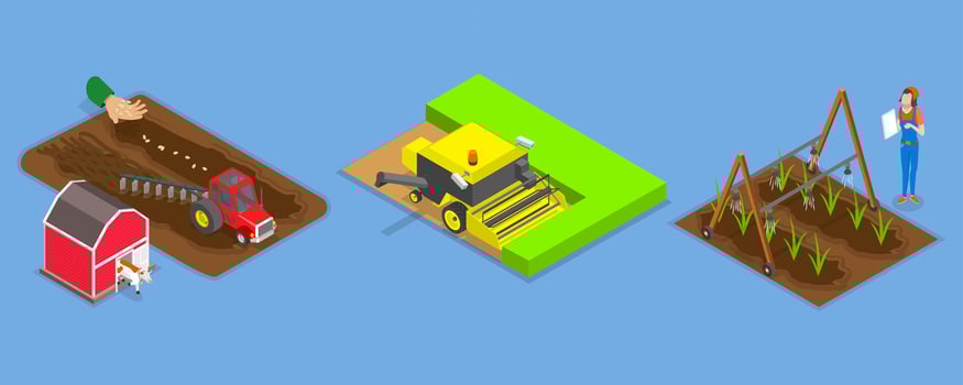 3D Isometric Flat Illustration of Agricultural Machinery, Rural Industrial Farm Transport vector