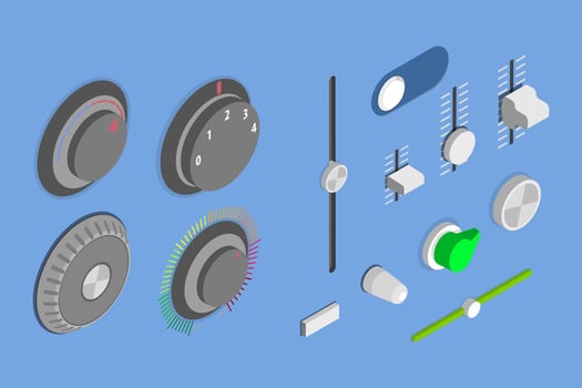 3D Isometric Flat Set of Audio Mixer Dials, Radio Knobs vector