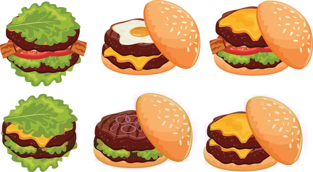 large set of double burgers with two patties and other assorted ingredients and vegetables, for World Burger Day vector
