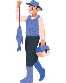 happy fisherman holding his catch fish isolated png