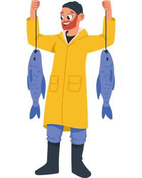 fisherman with fishes isolated design png