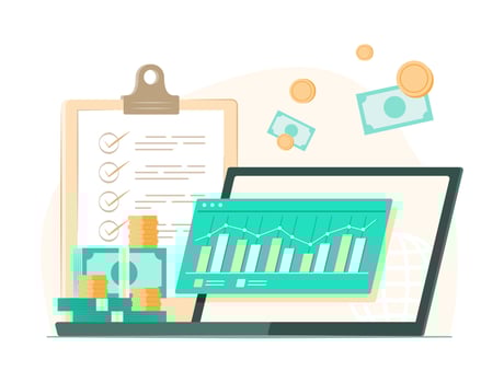 Stack of Cash Money and Laptop with Trading Graph Report for Online Investment Concept Illustration vector