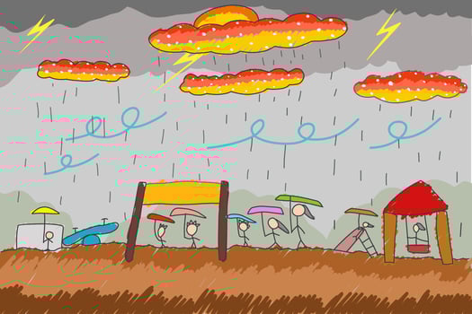 children playing in the park at rainy day illustration by children. Colored drawing by children Lightning and orange clouds on a gray background vector