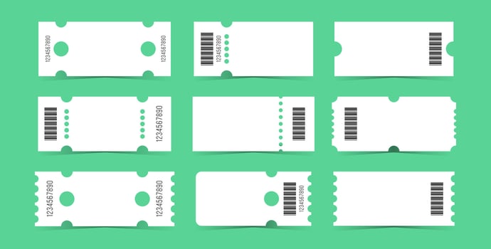 Classic white ticket template set. Empty coupon blank with barcode. illustration collection vector