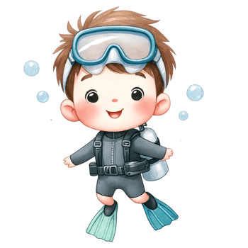 A cheerful child enjoying a fun underwater adventure with scuba gear. png