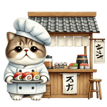 A cute cat chef serving sushi at a charming food stall. png