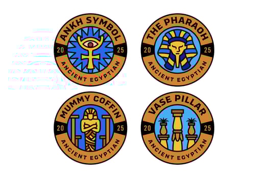 ankh with eye symbol, pharaoh head, mummy coffin, vase and pillar colorful modern illustration badge logo design set for ancient egyptian, historian, archaeologist, museum, researcher vector