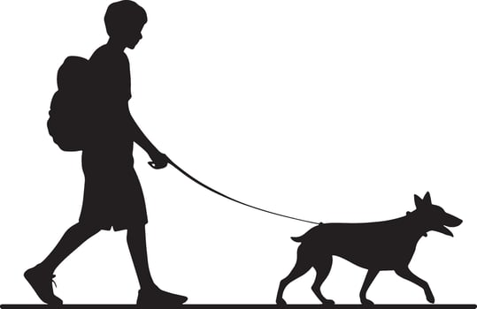 A young man with a dog-walking black silhouette vector