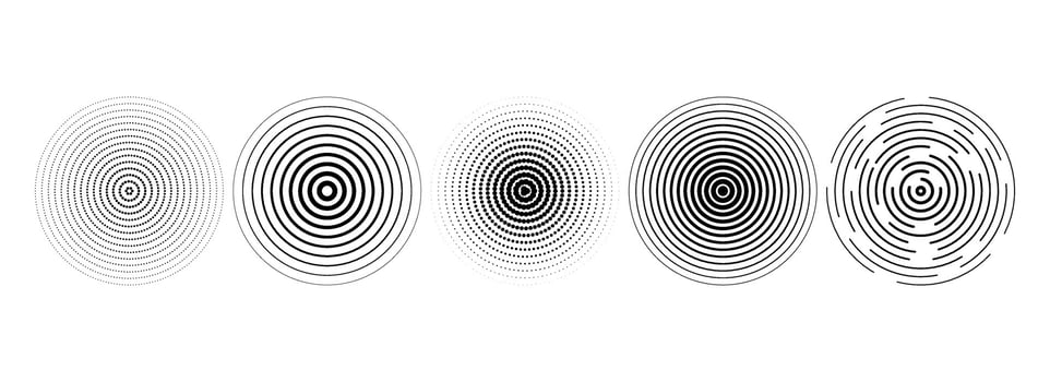 Black linear concentric circle set. Dotted and dashed sound wave collection. Epicenter, target, radar, sonar icon concept. Halftone radial radio signal or vibration element pack. vector