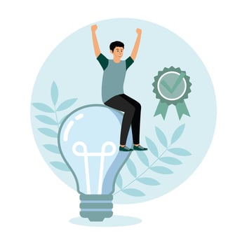 Green energy. Man Sitting on Bulb with Achievement Badge and Celebration Gesture. vector