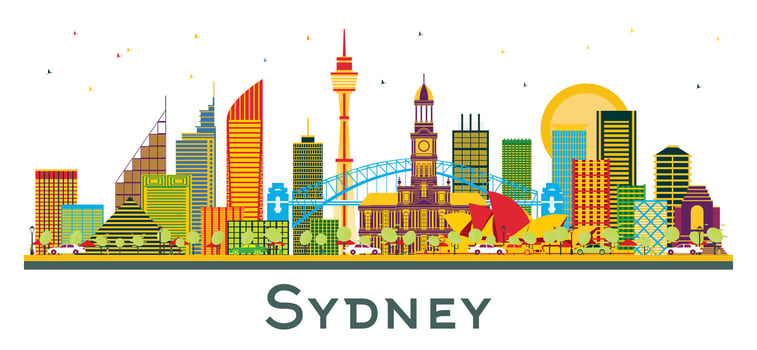 Sydney Australia City Skyline with Color Buildings isolated on white. Business Travel and Tourism Concept with Modern Architecture. Sydney Cityscape with Landmarks. vector