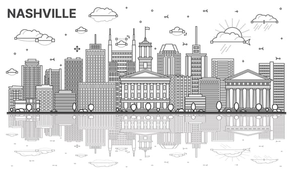Outline Nashville USA city skyline with modern, historic buildings and reflections isolated on white. Nashville cityscape with landmarks. vector