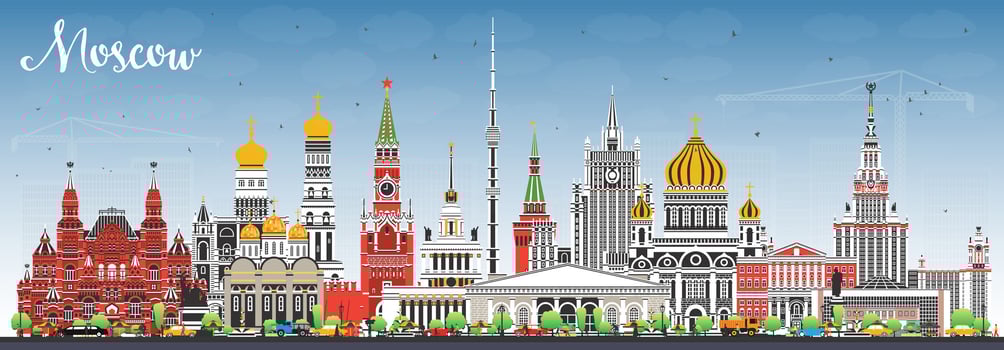 Moscow Russia city skyline with color buildings and blue sky. Moscow cityscape with landmarks. Travel and tourism concept with modern and historic architecture. vector