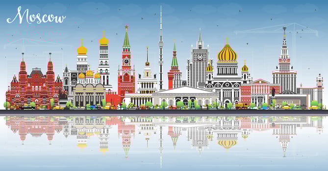 Moscow Russia city skyline with color buildings, blue sky and reflections. Moscow cityscape with landmarks. Travel and tourism concept with modern and historic architecture. vector