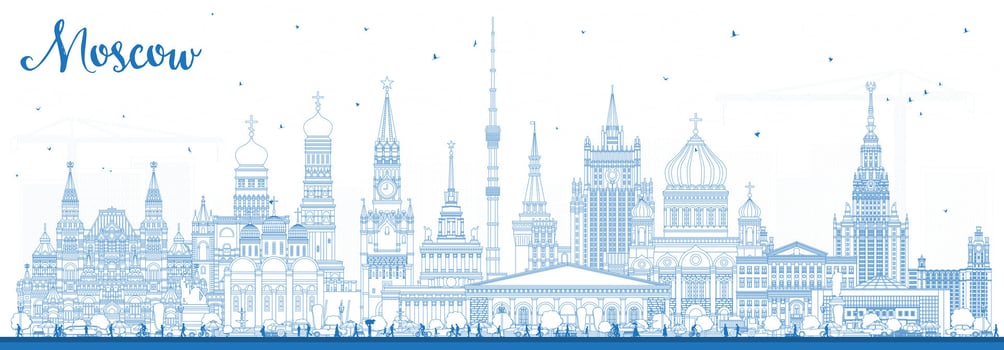 Outline Moscow Russia city skyline with blue buildings. Moscow cityscape with landmarks. Travel and tourism concept with modern and historic architecture. vector