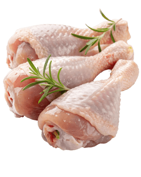 Three raw chicken legs garnished with rosemary sprigs ready for cooking and meal preparation isolated png