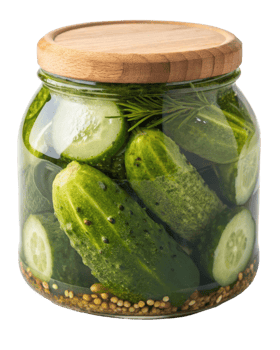 Glass jar filled with pickled cucumbers dill and spices with a wooden lid on a transparent background png