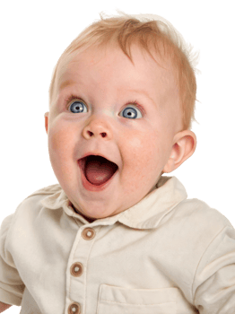 A wide eyed baby with an open mouth wearing a shirt looks excited on a transparent background png