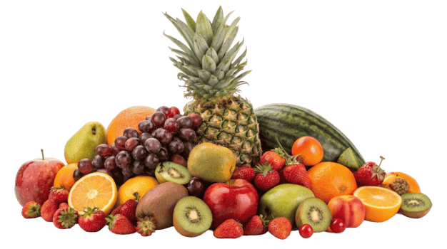A colorful assortment of fresh fruits including pineapple watermelon and strawberries on transparent background png
