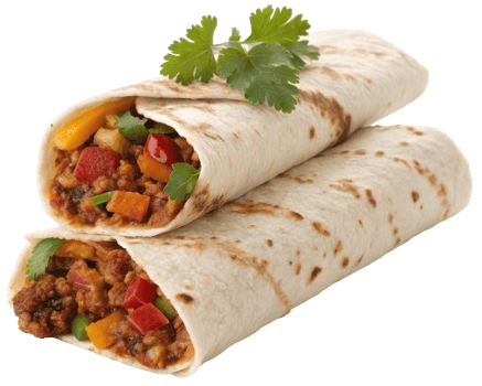 Two delicious burritos stacked on top of each other filled with meat and vegetables on a transparent background png