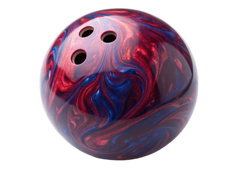 Close up of a bowling ball with red and blue swirls on a transparent background png