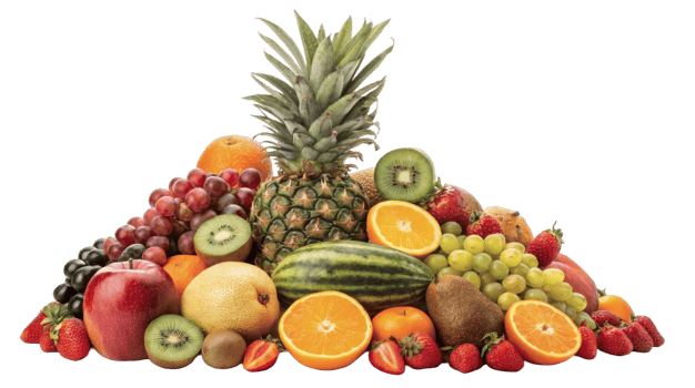 A colorful assortment of fresh fruits including pineapple grapes and strawberries on a transparent background png