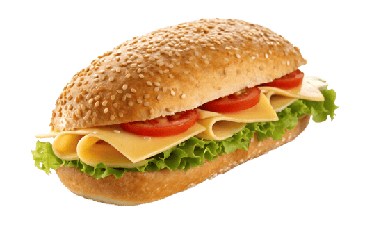 A sandwich with cheese tomato and lettuce on a sesame seed bun on a transparent background png