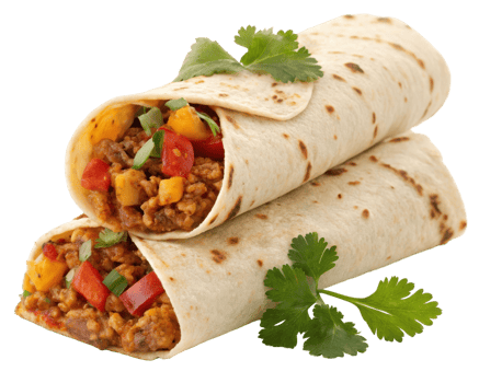 Two delicious burritos stacked with colorful fillings and fresh cilantro on a transparent background png