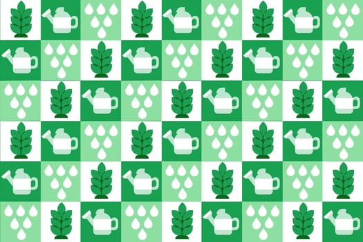 Abstract seamless pattern with gardening tools and plants inside green and white squares suitable for creating backgrounds, packaging, flyers, leaflets or web materials. vector