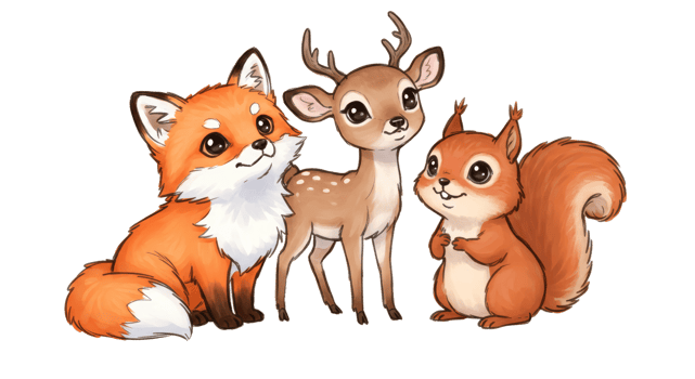 Three cartoon animals, including a deer, squirrel and fox png