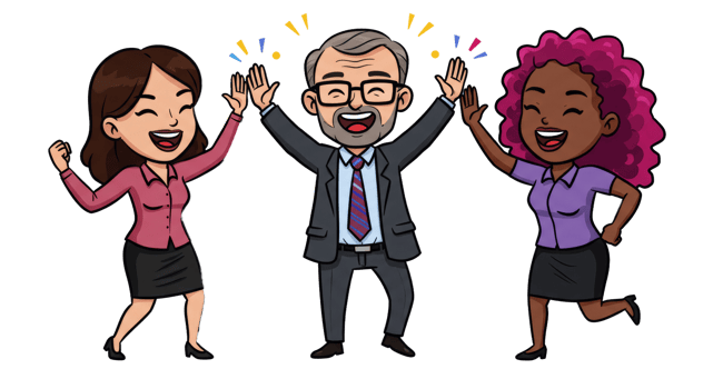 Three cartoon people celebrating with a man and woman png