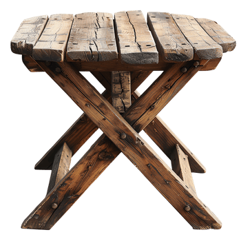 Rustic wooden table with crossbraced legs, showcasing weathered finish and sturdy construction, perfect for outdoor settings or as decorative piece in any home png