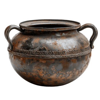 Rustic antique metal pot with beautiful patina and ornate design, showcasing its weathered charm and historical character. Perfect for home decor or as unique centerpiece png