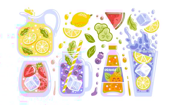 illustration showcases a vibrant set of refreshing lemonades featuring ice cubes and ingredients like lemon, strawberry, watermelon, cucumber, blueberry. orange soda, perfect for summer vibes. vector
