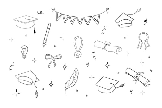 Graduation hat doodle line. University Cap of graduate and certificate degree hand drawn outline. Graduation hat sketch. vector