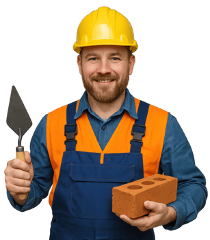 builder in uniform holding brick and trowel wearing yellow hardhat on transparent background png